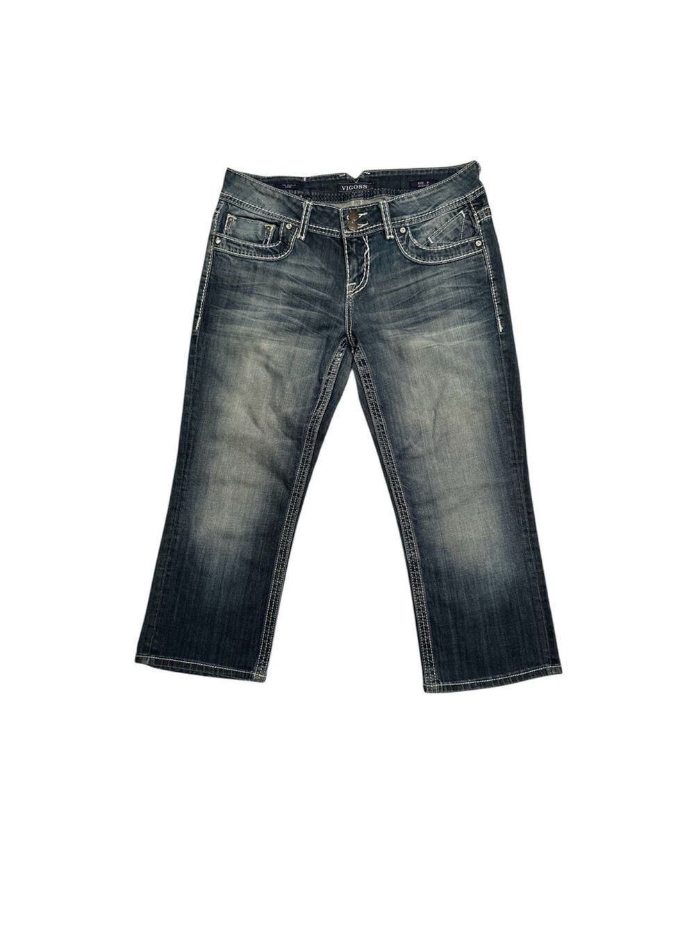 Vigoss The Dublin Capri Jeans Womens 9 Length 21 BLING 8-Pockets Distressed BLUE